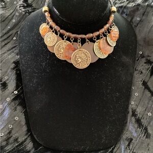 Gold and Brown Statement Necklace with Circular Pendants